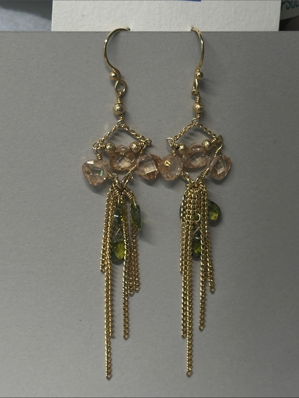 Gold Dangle Earrings with Pink and Olive Beads